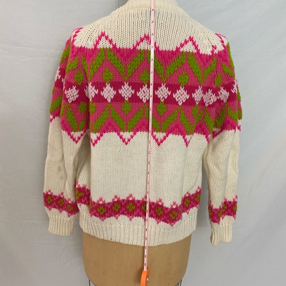 Vintage Cream cardigan sweater with bright pink and green pattern. Size Small. - Picture 8 of 13